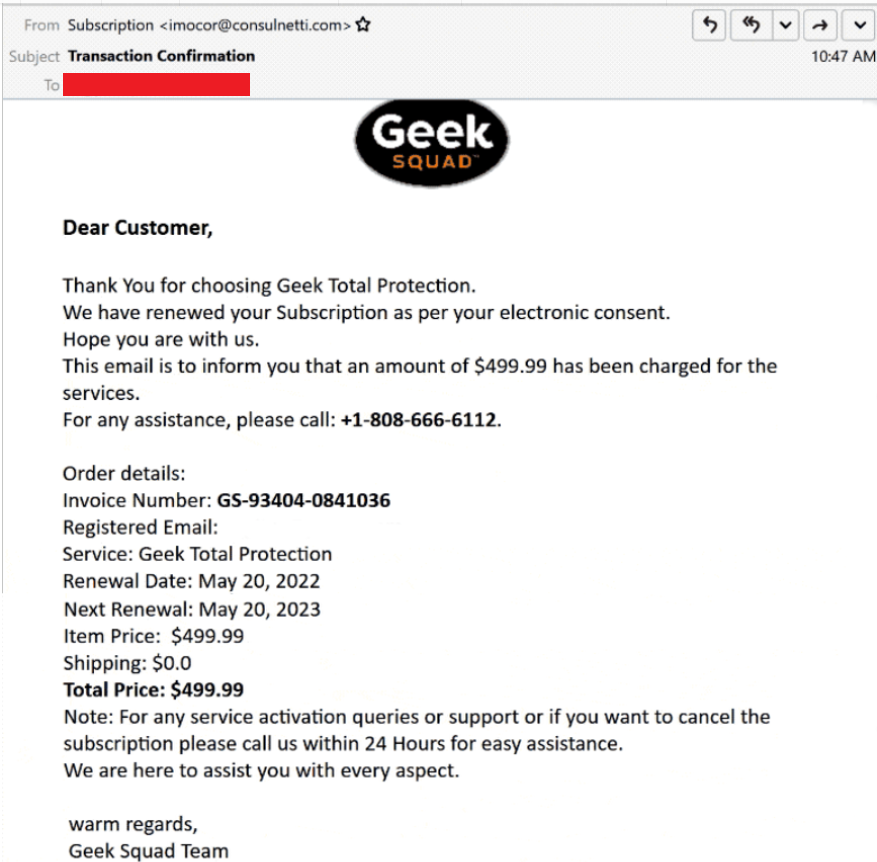 Geek Squad Email Scam SpyWarrior